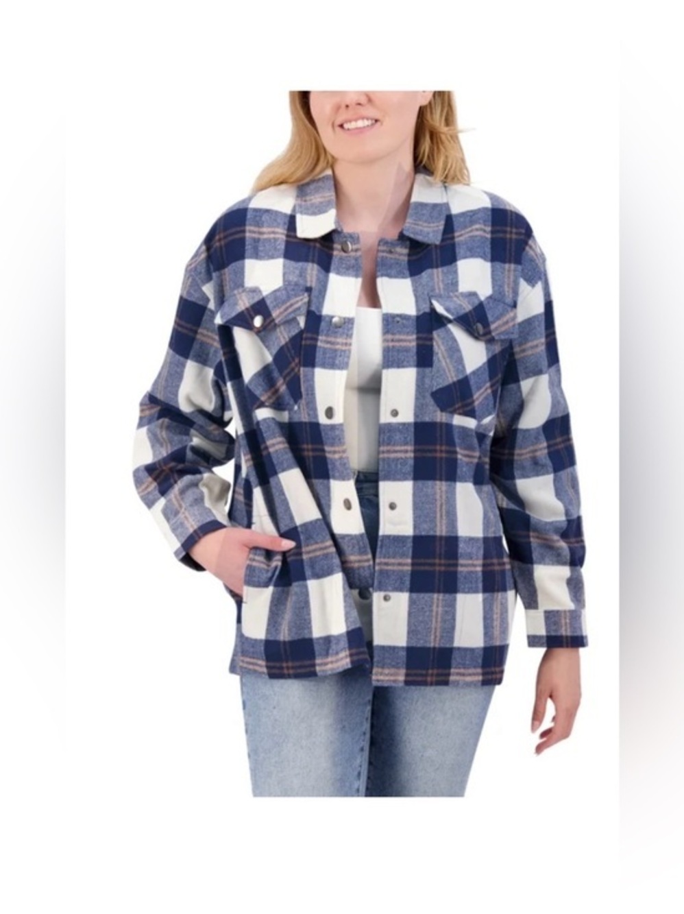 NWT HFX Plaid Button-Front shirt/Jacket in Navy and Cream